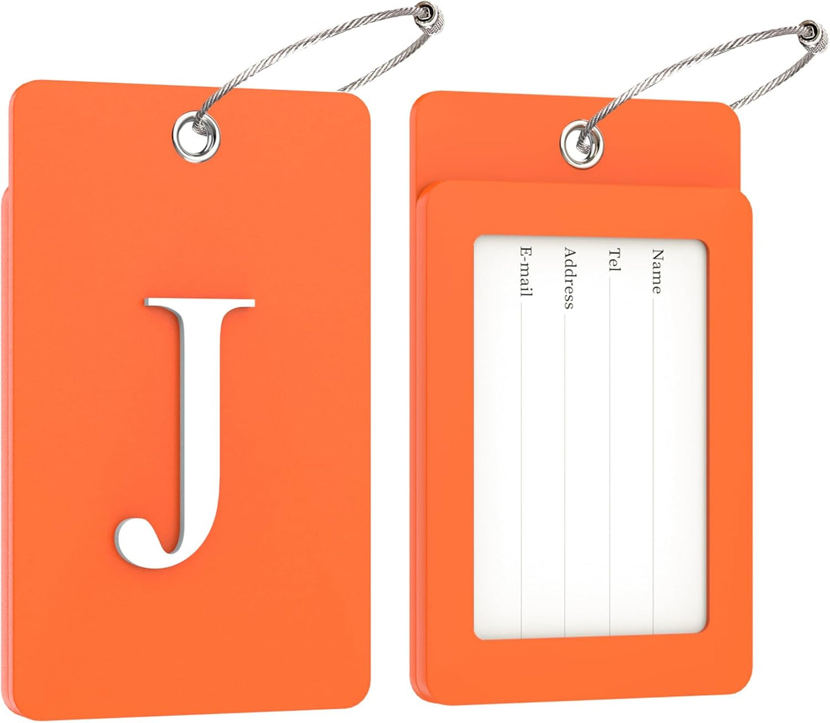 Gostwo 2 Pack Luggage Tags for Suitcases, 26 Initial Letter Travel Luggage Baggage Identification Labels ID Tag Fully Bendable Tags with Stainless Steel Loop (Orange) (Letter J)