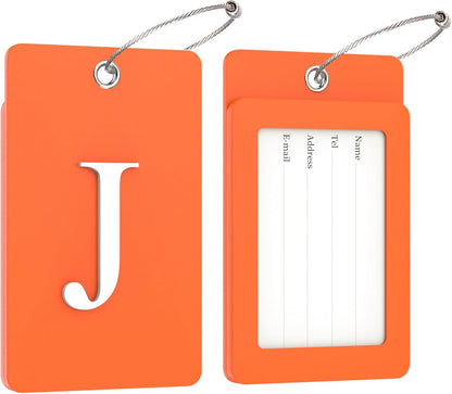 Gostwo 2 Pack Luggage Tags for Suitcases, 26 Initial Letter Travel Luggage Baggage Identification Labels ID Tag Fully Bendable Tags with Stainless Steel Loop (Orange) (Letter J)