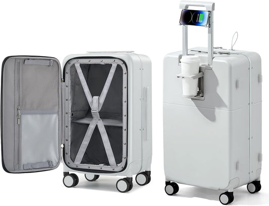 Hanke 20 Inch Carry On Luggage with Cup Holder and Charge,Top Opening Hard Shell Suitcases with Wheels and Dividers,Aluminum Frame Trunk Luggage Small Suitcase with Lock for Travel,Smoke White