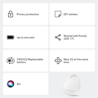Momax Key Finder Tracker Tag - [Apple MFi Certified] Smart Bluetooth Tracking Device with Find My (iOS Only), Replaceable Battery, DIY Stickers, for Wallets, Luggage, Suitcases, Backpacks, 2 Pack