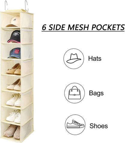 Hanging Shoe Organizer for Closet with Side Mesh Pockets，Hat Racks for Baseball Caps，Shoe and Hat Holder & Storage，8-Shelf，Beige，2 Pack