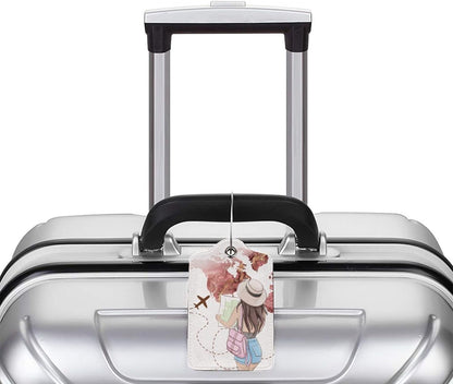 2 Pack Luggage Tags for Suitcase,Travel Girl PU Leather Travel Luggage Tag with Privacy Flap, Name ID Label and Metal Loop for Women Men Suitcase Baggage Bag Backpack