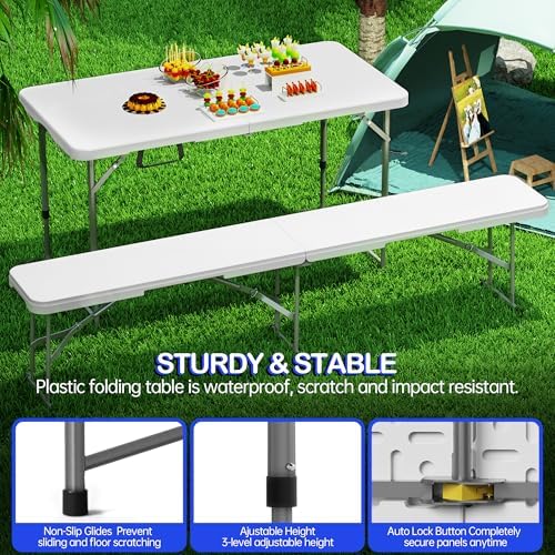 VSOAEIL 4 FT Folding Table 2 Pack Plastic Foldable Table Adjustable Height