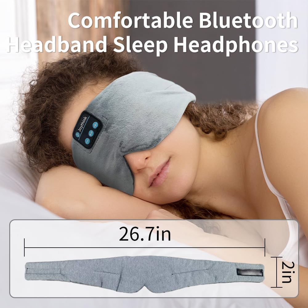 Joythink Sleep Headphones Wireless Eye Mask Kids Children Silk Wireless Headband Headphones for Sleeping with Adjustable Speaker Wireless Earbuds Side Sleeper Travel Meditation Music Mask Grey