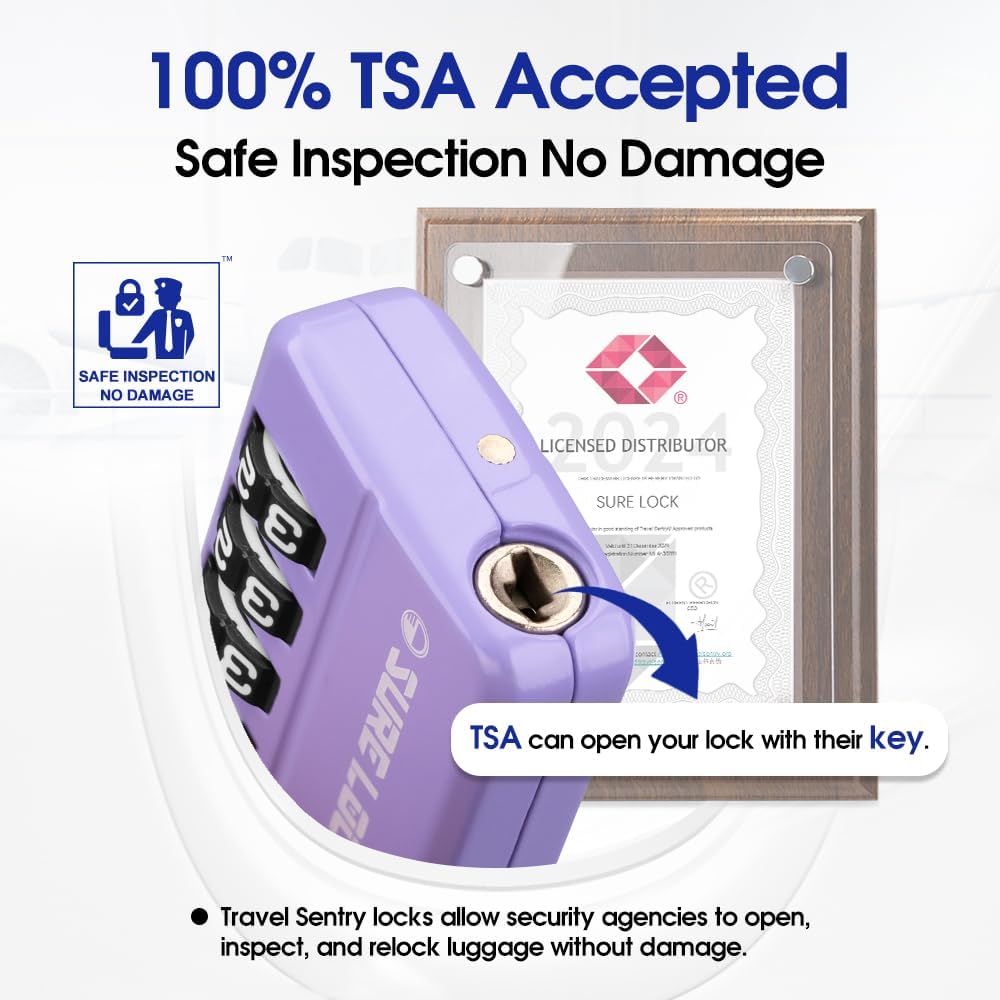 SURE LOCK TSA-Approved 4-Digit Resettable Combination Luggage Lock with Open Alert, Easy-Read Dials - for Luggage, School Lockers, Gym, Office, Toolbox & Security Cases (Purple 2 Pack)