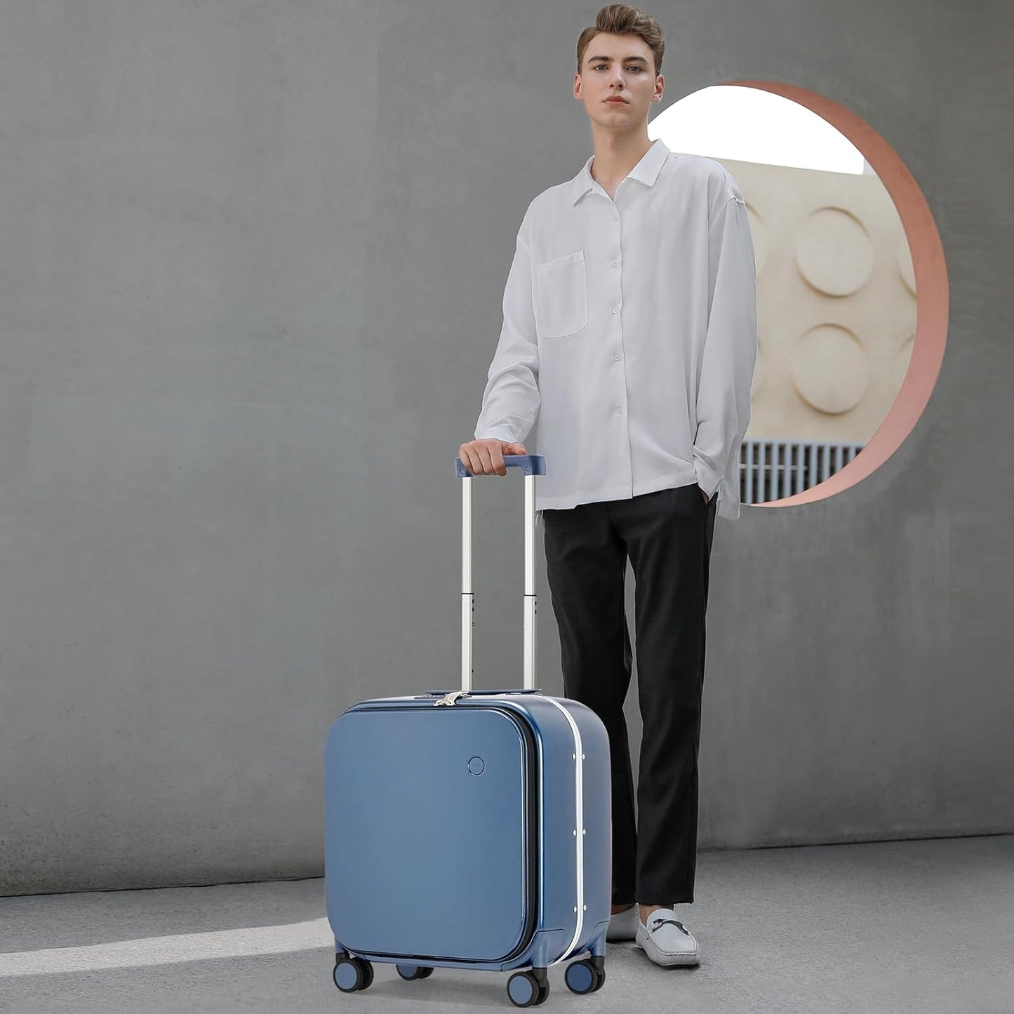 mixi Carry On Luggage, 18” Suitcase with Front Laptop Pocket, Travel Luggage Aluminum Frame PC Hardside with Spinner Wheels & TSA Lock and Cover (Not for Underseat), Sapphire Blue