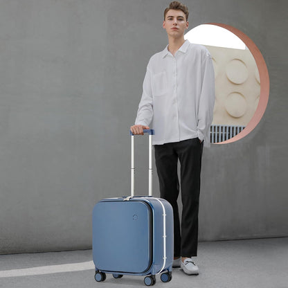 mixi Carry On Luggage, 18” Suitcase with Front Laptop Pocket, Travel Luggage Aluminum Frame PC Hardside with Spinner Wheels & TSA Lock and Cover (Not for Underseat), Sapphire Blue