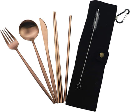 Gugrida Luxury Rose Gold Matte Portable 18/10 Stainless Steel Travel Flatware Sets of 7 Portable Camping Cutlery Set, Healthy & Eco-Friendly Flatware Set with Carrying Case for Travel or Camping