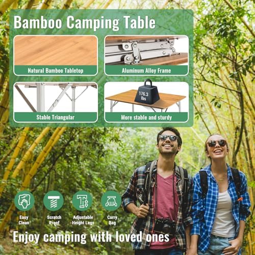 KingCamp Bamboo Folding Camping Table, 4-Fold Adjustable Outdoor Table