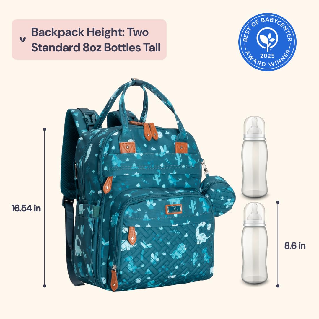 BabbleRoo Diaper Bag Backpack - Baby Essentials Travel Tote - Multi Function Water Resistant Diaper Bag, Travel Essentials Baby Bag with Changing Pad, Stroller Straps & Pacifier Case - Unisex, Dino