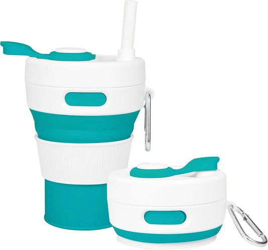 Silicone Collapsible Travel Mug Green 15oz / 450ml - Leak-Proof Reusable Silicone Water Bottle for Hot and Cold Beverages - Travel Office and Home - Dishwasher Safe - Straw Included