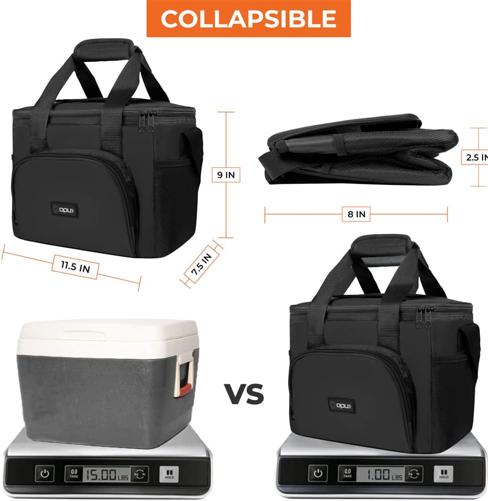 OPUX Soft Cooler Bag, Insulated Collapsible Lunch Cooler Bag for Men Work Camping Beach Travel, Portable Soft Sided Leakproof Waterproof Large Lunch Bag Box with Shoulder Strap 18 Cans, Black