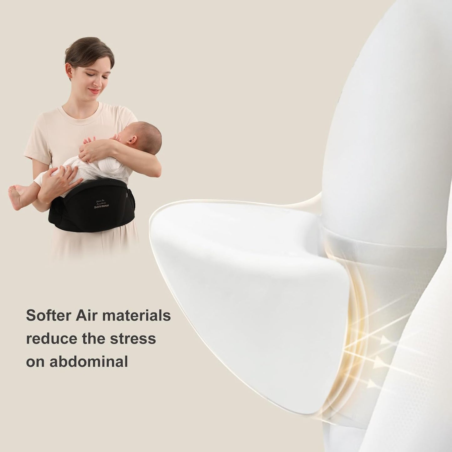 Bebamour Baby Carrier with Hip Seat,All-Position Breathable Mesh Hip Seat & Carrier 0-36Months with Head Hood, 3 PCS Teething Pads, Waist Extender,Storage Bag & Pacifier Case(Khaki)