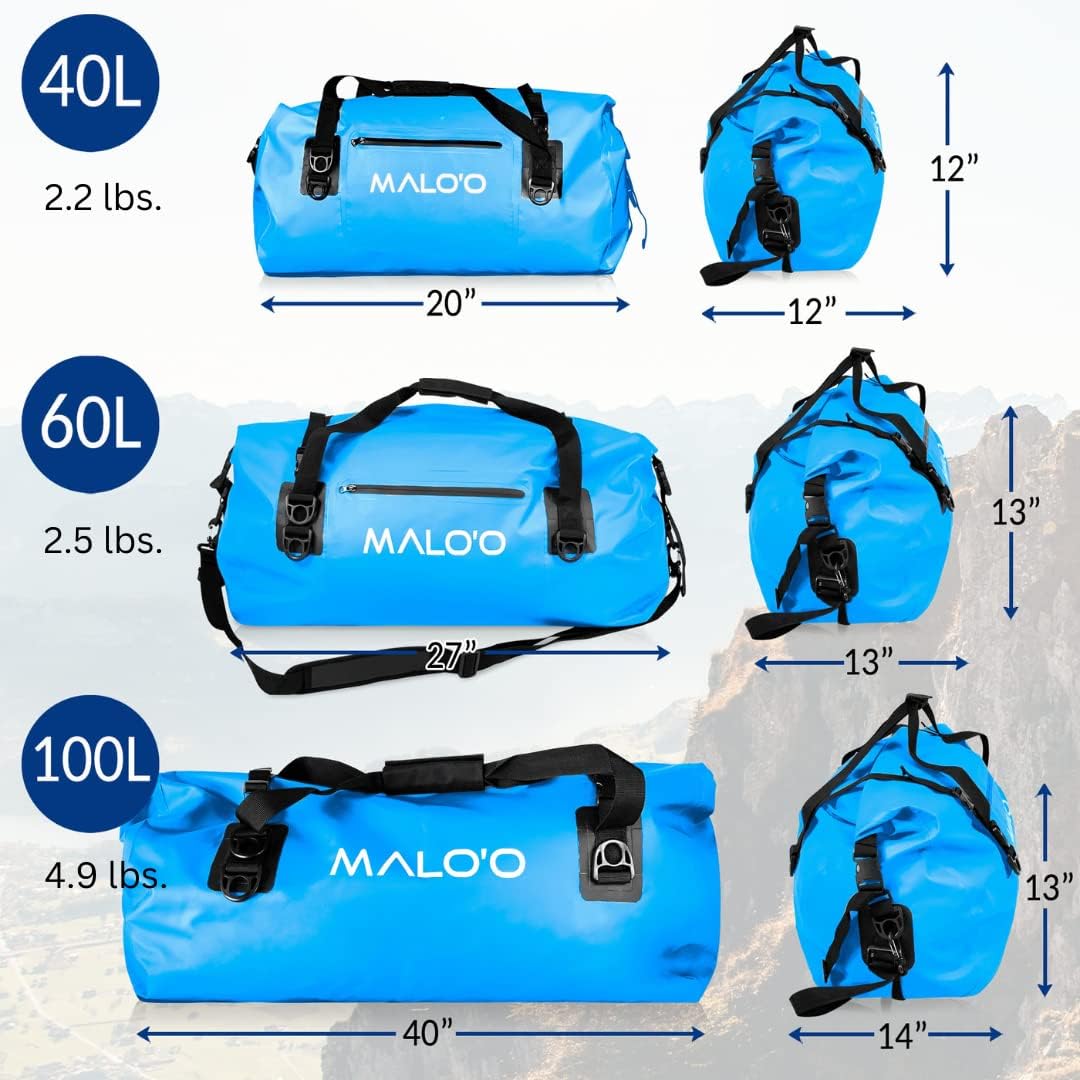 Malo'o Waterproof Dry Bag Duffel 40L/60L/100L, Roll Top Duffel Keeps Gear Dry for Kayaking, Rafting, Boating, Swimming, Camping, Hiking, Beach, Fishing - Internal & External Pockets and Molle Loops