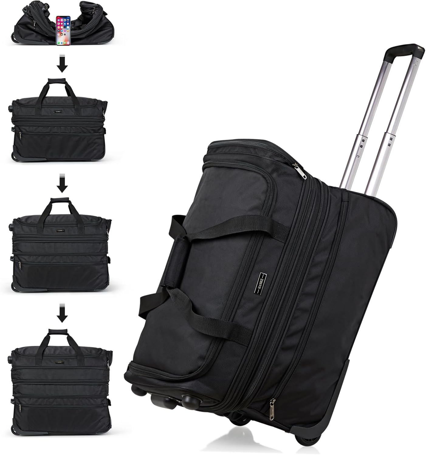 Hanke Large Expandable checked Luggage Suitcases with Wheels Foldable Duffle Bag for Travel suitcase for Women Men Garment Bag（Black）
