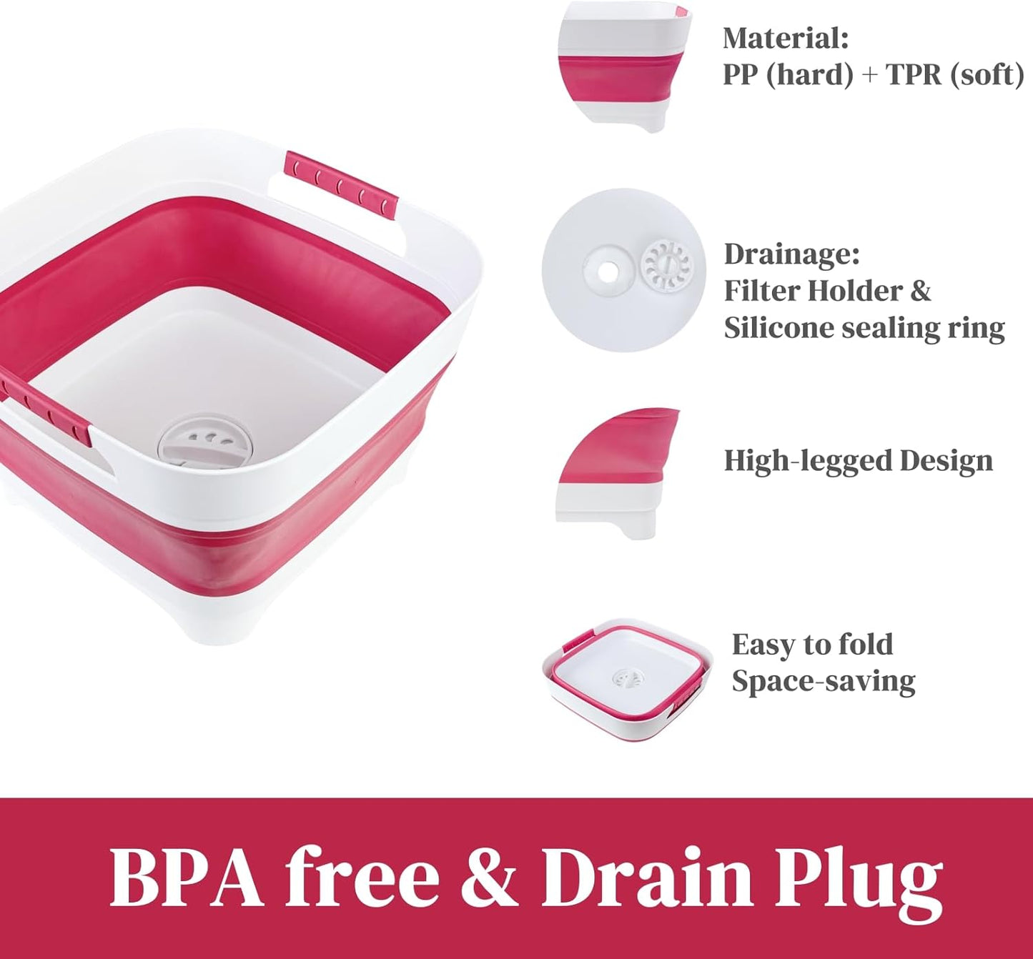 Collapsible Dish Basin, Wash Basin for Baby Bottles, Foldable Wash Tub for Kitchen, RV Camping Sink, Outdoor Kitchen, Sturdy & Easy to Clean (Magenta)