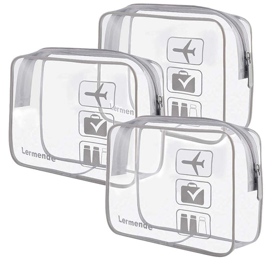 Lermende 2pcs Clear Toiletry Bag TSA Approved Travel Bag,Carry On for Travel,Airport Airline Accessories Compliant Bag,Quart Sized Makeup Cosmetic bag Women Men (Gray, 3 Pack)