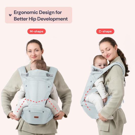 BabbleRoo Grow Carrier – 6-in-1 Baby Carrier with Hip Seat, Ergonomic, Cozy & Adjustable Toddler Carrier 7-50 lbs with Hip & Lumbar Support, Hood for Sun Protection, Newborn to Toddler, Seafoam