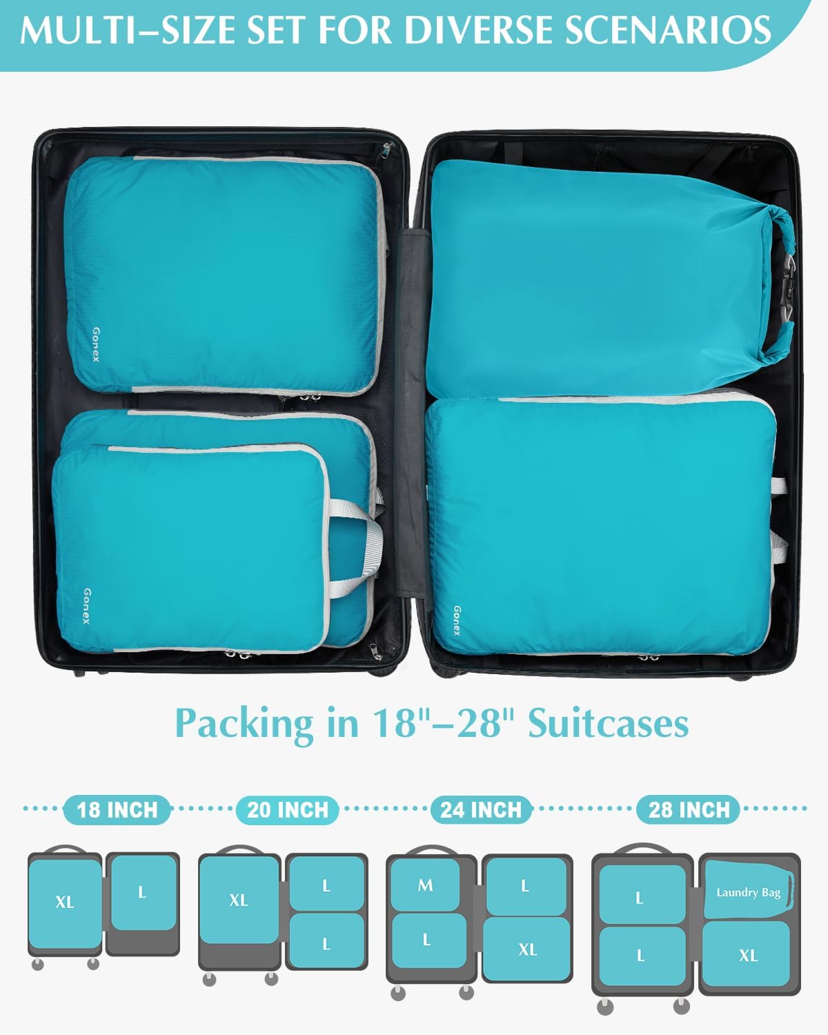 Gonex Compression Packing Cubes, 3pcs/4pcs Expandable Storage Travel Luggage Bags Organizers