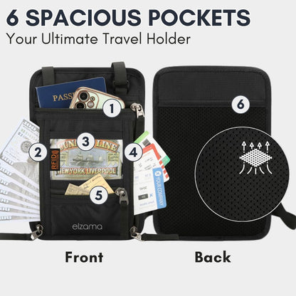 elzama Travel Neck Wallet, Neck Passport Holder, RFID Blocking Passport Wallet Super Slim & Lightweight Travel Pouch Holder for Men & Women (Black)