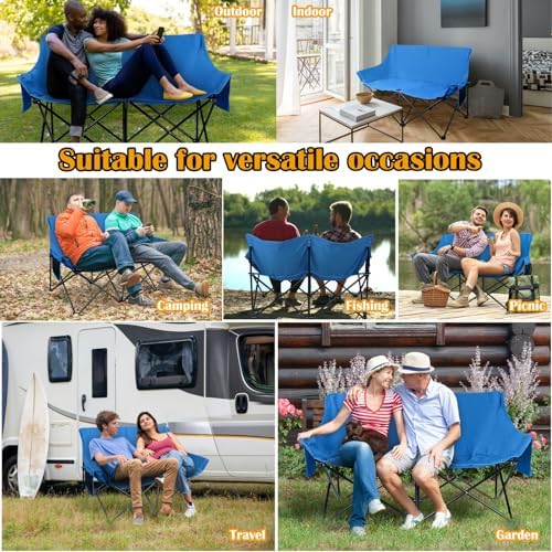 HaSteeL Folding Camping Chair, Portable Double Outdoor Loveseat for 2 Adults Person, Durable Foldable Collapsible Chairs for Camp Patio Picnic Beach Travel, Support 600Lbs, for Women & Men, Blue