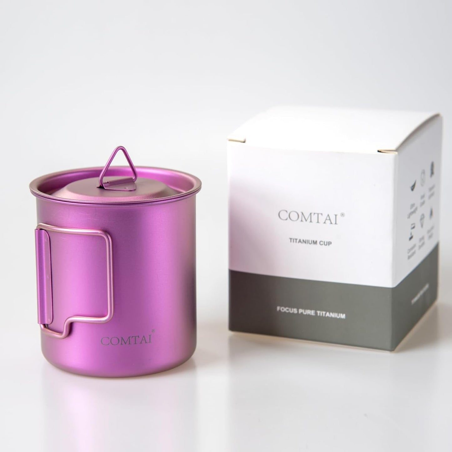 Titanium Camping Pot Mug 15oz (420ml) with Lid and Foldable Handle – Ultralight Camping Cup for Hiking, Backpacking, Outdoor Cooking, Purple