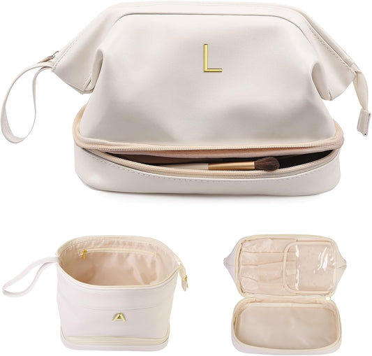 Birthday Gifts for Her, Initial Large Makeup Bag, Gift for Women Double Layer Cosmetic Bag with Makeup Brush Organizer, Toiletry Bag for Woman, Custom Tote Bag-Bachelorette Present