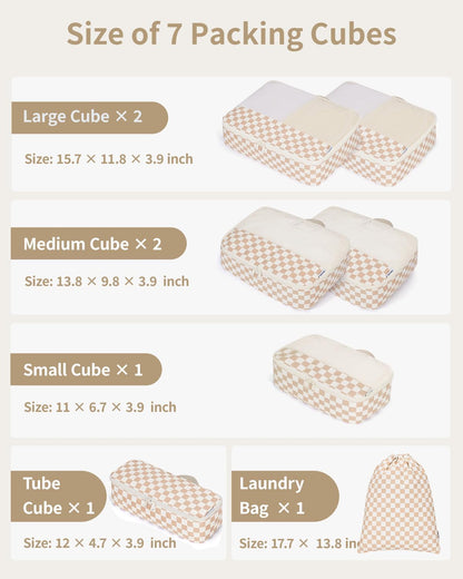 Narwey 7 Set Checkered Packing Cubes for Travel Carry on Suitcase Luggage Organizer Bags for Kids Women Men, Durable Packing Organizers Bag, Travel Essentials Accessories (Light Checkerboard)