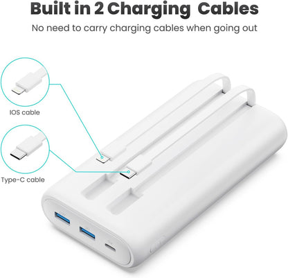 Portable Charger Power Bank 40,800mAh 25W Fast Charging USB C Portable Charger with 2 Built in Cables,5 Outputs & QC 4.0 Quick Phone Charging Battery Pack Compatible with iPhone 16/15/Android (White)