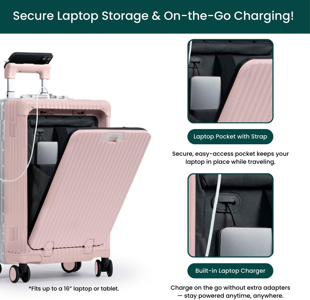 Nobl Travel Carry On Luggage, Noble Zipperless Aluminum Frame PC Hard Shell Suitcase, 20.8"x15"x8.7" Airline Approved, 360° Spinner Wheels, TSA Locks, USB Charging Port, Cup & Phone Holder - Pink