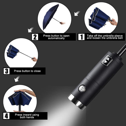 Lejorain Compact Inverted Reflective Umbrella - Automatic Folding Reverse LED Umbrella Travel Windproof Umbrellas for Rain