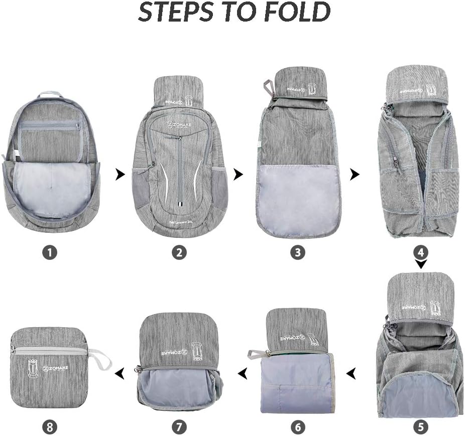 ZOMAKE 25L Ultra Lightweight Packable Backpack, Foldable Hiking Backpacks Water Resistant Small Folding Daypack for Travel(Silver Gray)