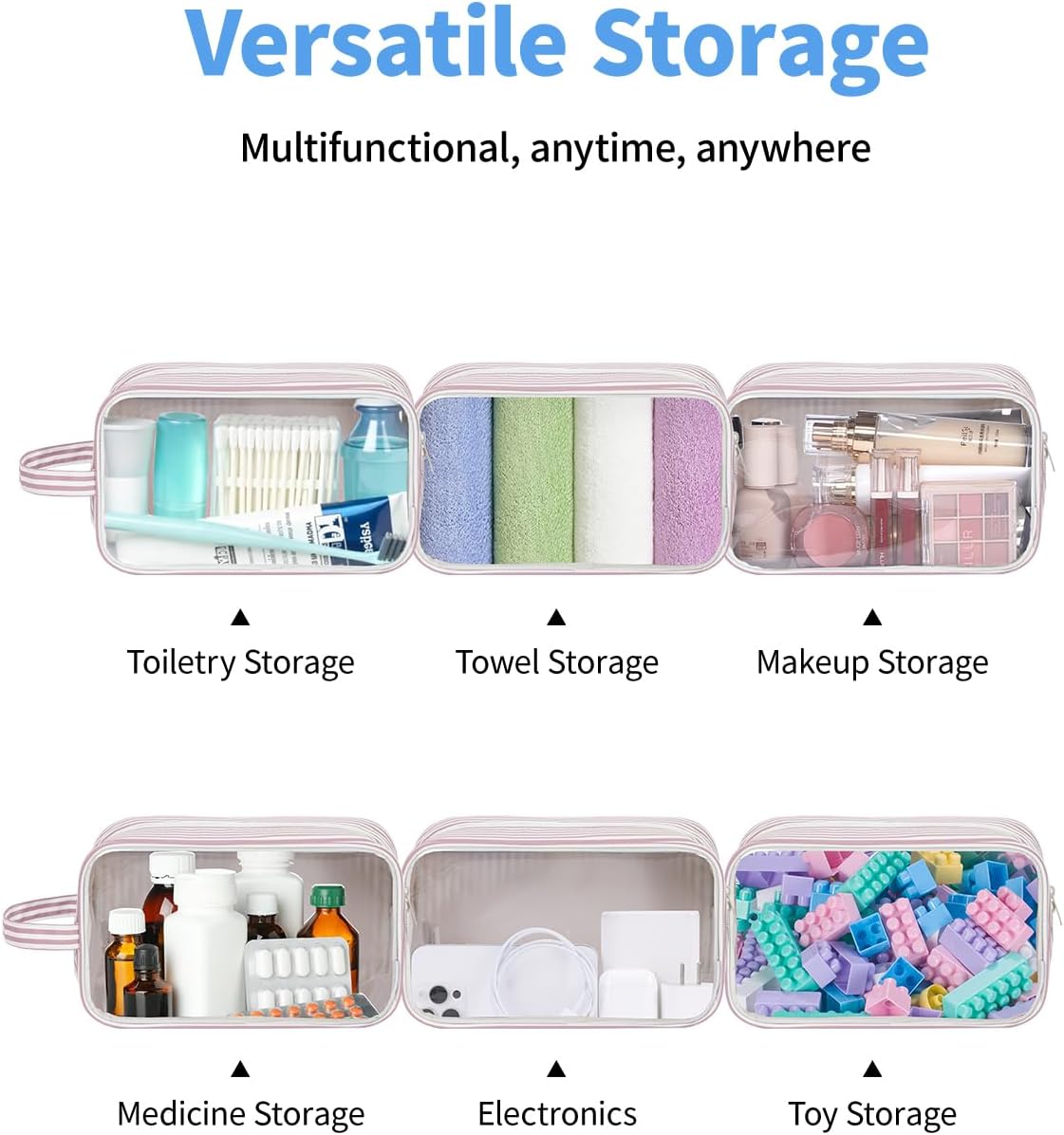 Narwey Clear Toiletry Bags for Traveling Women Men, Clear Travel Bags for Toiletries Makeup Bag Cosmetic Bag with Zipper, Make Up Organizer, Skincare Bag (Dusty Pink Stripe)