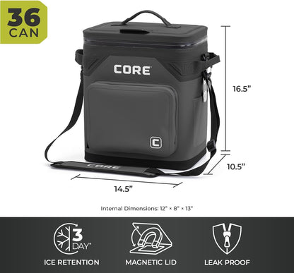 CORE Magnetic Leak Proof Soft Cooler with Waterproof Zipper | Insulated Bag Portable Ice Chest Box | Best Soft Cooler for Food & Beverages for Tailgating, Car Camping, Travel, and Family Beach Picnics