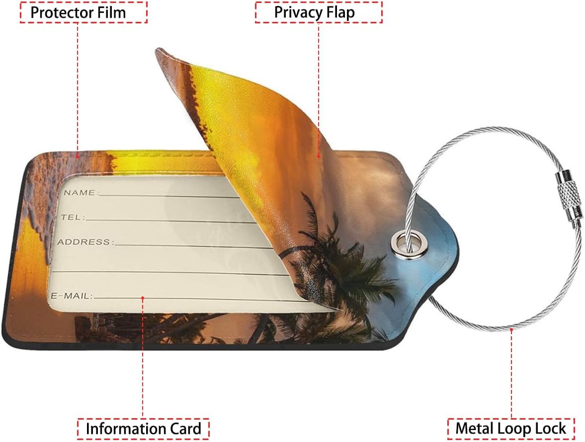 Sunset Beach Luggage Tags for Suitcases,2 Pack Luggage Tag, Leather Stainless Steel Loop Label Tag for Women Girl Travel Bag Suitcase