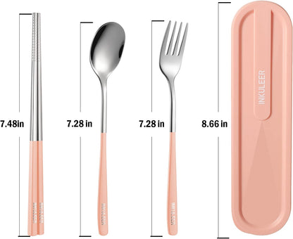 Travel cutlery set, 18/8 stainless steel cutlery, Reusable utensils set with case, Portable Silverware Lunch Box for Camping and Office(Pink）