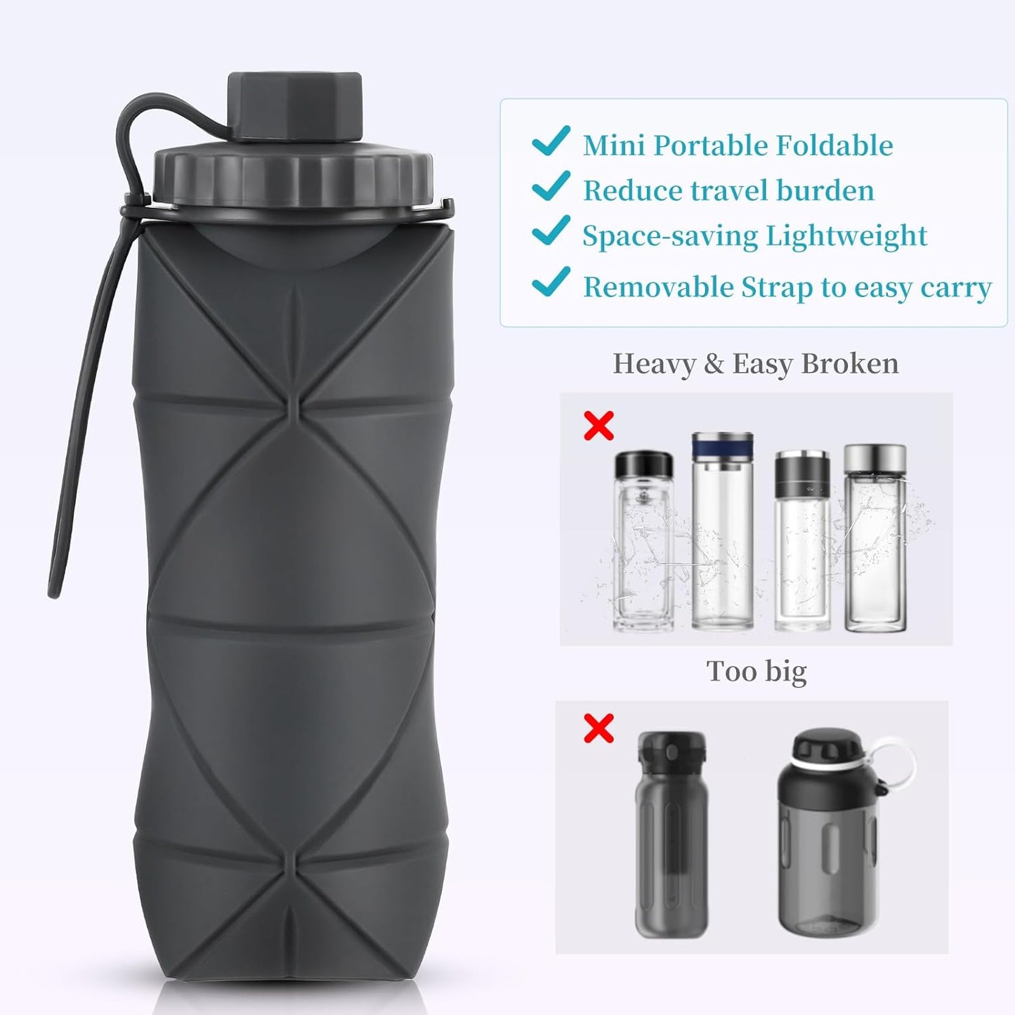 Silicone Collapsible Water Bottles,Lightweight Reusable Leakproof For Traveling Camping Hiking Cycling Sports Outdoor,Foldable Portable Travel Water Bottle 600ML Blue 1Pack.