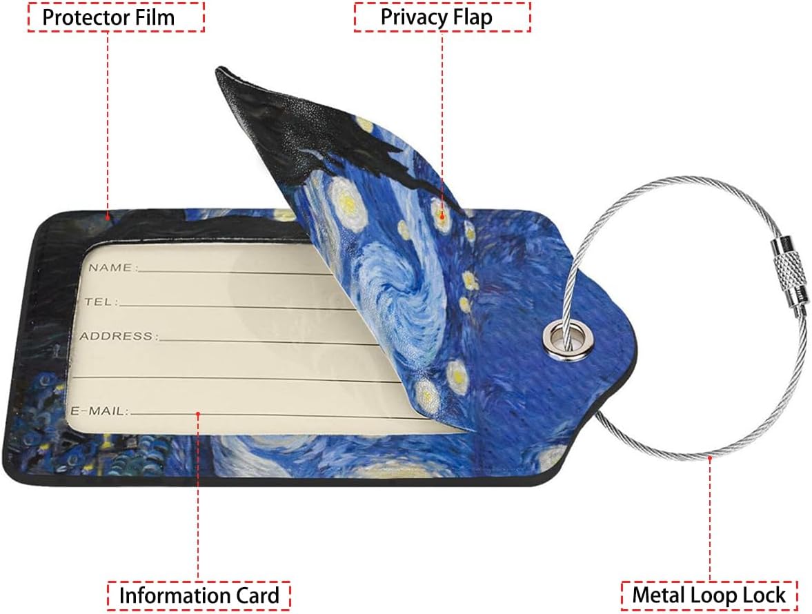 Abstract Starry Night 2 Pcs Luggage Tags,Privacy Cover ID Label with Stainless Steel Loop and Address Card for Travel Bag Suitcase