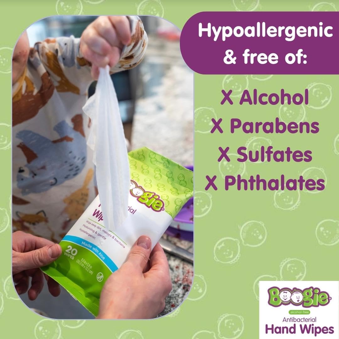 Antibacterial Hand Wipes by Boogie, Alcohol Free, Hypoallergenic and Moisturizing Aloe, Hand Wipes for Kids and Adults, 6 Packs of 20 (120 total wipes)