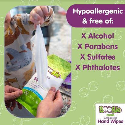 Boogie Antibacterial Hand Wipes by Boogie, Alcohol Free, Hypoallergenic and Moisturizing Aloe, for Kids and Adults -100 Total Wipes (5 Packs of 20)