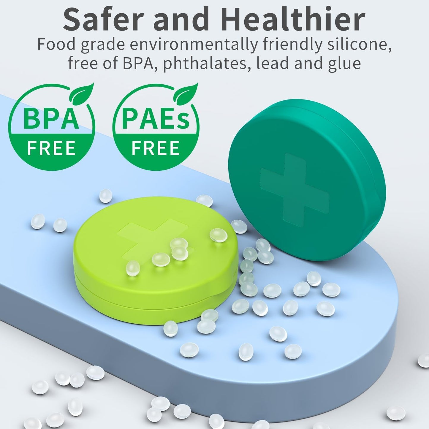 2 Pack Small Pill Box,3 Compartment Round Silicone Travel Pill Box for Purse Pocket, Waterproof Portable Compact Medicine Holder for Vitamin, Cod Liver Oil, Supplement(Green+Teal)