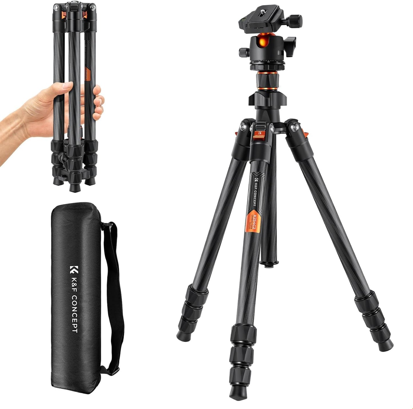 K&F Concept 64" Carbon Fiber Camera Tripod,Lightweight Travel Tripod with 36mm Metal Ball Head Load Capacity 17.6lbs, Quick Release Plate,for DSLR Cameras Indoor Outdoor Use K254C2+BH-36L