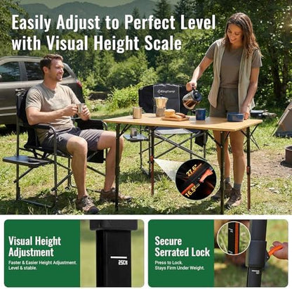 KingCamp Bamboo Folding Camping Table with Adjustable Legs