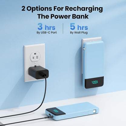 Portable Charger for iPhone with Built in Cables and Wall Plug,Upgraded 13800mAh Fast Charging USB C Power Bank,4 Outputs Travel Essential Battery Pack Compatible with iPhone 15/14/13/12,-Light Blue