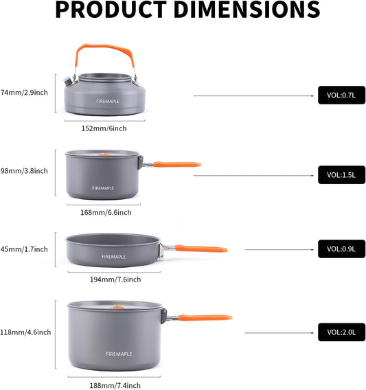 Fire-Maple Feast 4 Piece Camping Cookware Cookware Cookware Kit Outdoor Cookware Set with Pots, Kettle, Saucepans and Spatula for Hiking Fishing Picnic