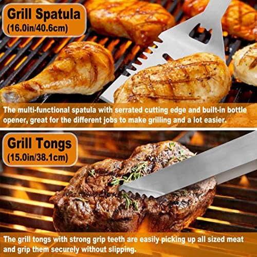 POLIGO 26Pcs Exclusive BBQ Grill Accessories in Aluminum Case for Birthday Fathers Day Grilling Gift - Grill Utensils Set with Barbecue Claws, Meat Injector, Thermometer for Smoker, Camping BBQ Silver