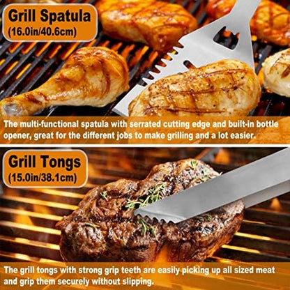POLIGO 26Pcs Exclusive BBQ Grill Accessories in Aluminum Case for Birthday Fathers Day Grilling Gift - Grill Utensils Set with Barbecue Claws, Meat Injector, Thermometer for Smoker, Camping BBQ Black