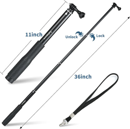 36'' Extension Selfie Stick Extendable Monopod Pole Waterproof Handle Grip Accessories Compatible for GoPro Max Hero 13 12 11 10 9 8 7 6 5 Insta360 AKASO DJI Osmo Action Camera and More