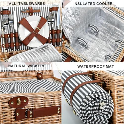 Picnic Basket with Blanket and Wine Pouch for 4, Wicker Picnic Set with Insulated Liner Cooler Bag Hamper for Camping,Wedding - Stripes