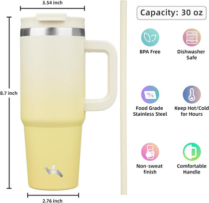 30 oz Tumbler with Handle and 2 Straws,2 in 1 Lid Insulated Water Bottle Stainless Steel Travel Coffee Mug,Lemon